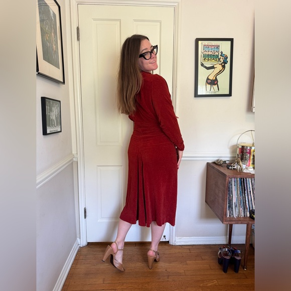 30s Vintage Orange  Velvet Long Sleeve Dress - Picture 3 of 12